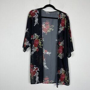 Floral Rose Kimono Short Sleeve Sheer Cardigan Size Small Black Red